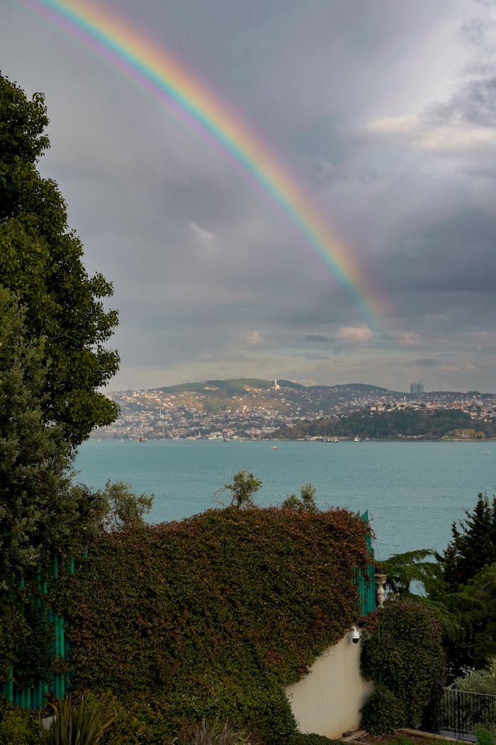 Stunning rainbow arches over a scenic seaside city view.